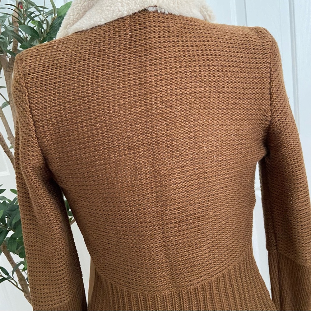 Chocolate Suede Sweater Cardigan Jacket Vegan Shearling Open - Picture 10 of 16